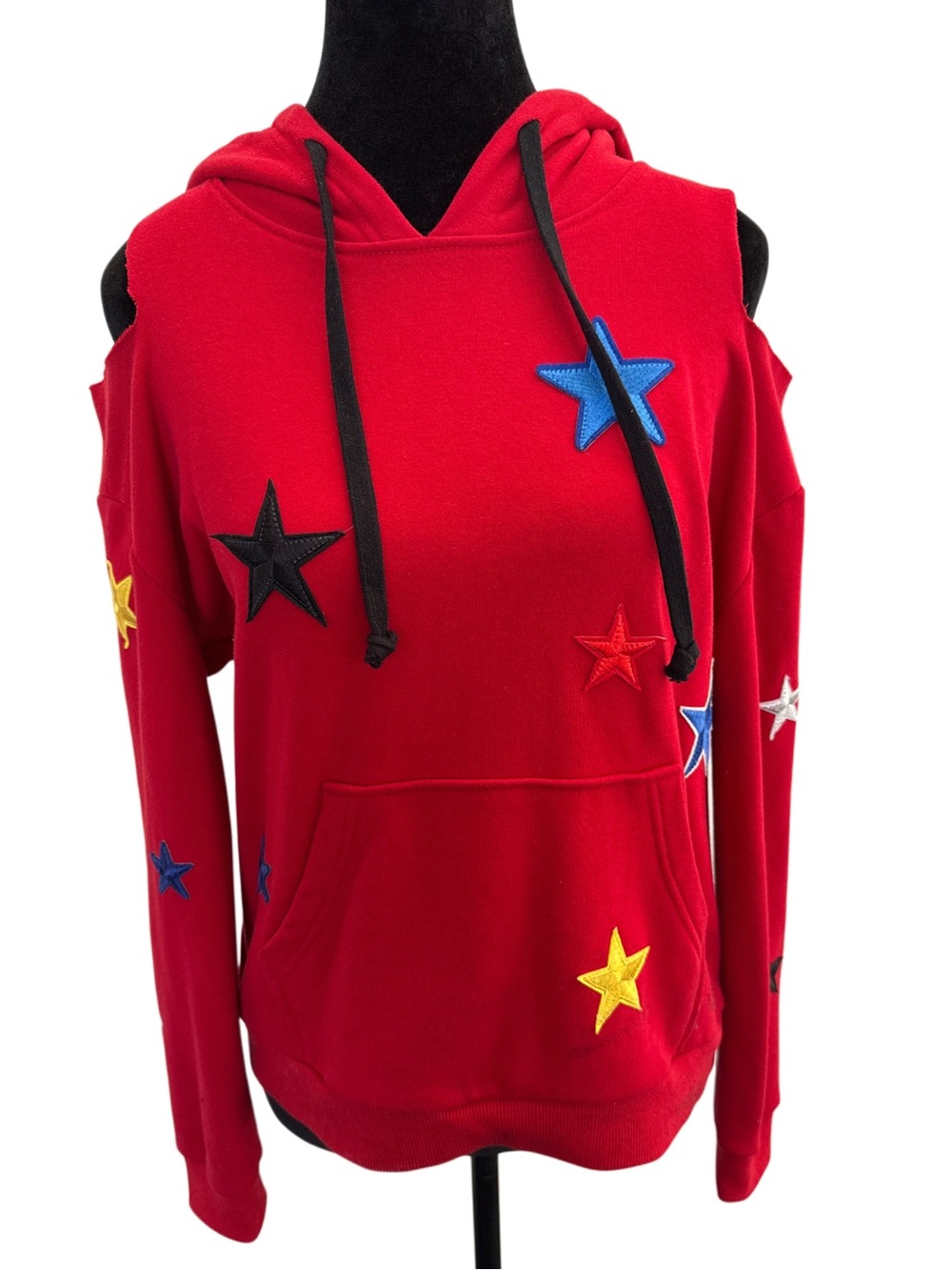 AQUA Bloomingdale's Red Star Patch Cold Shoulder Hoodie Sweatshirt- Sz S
